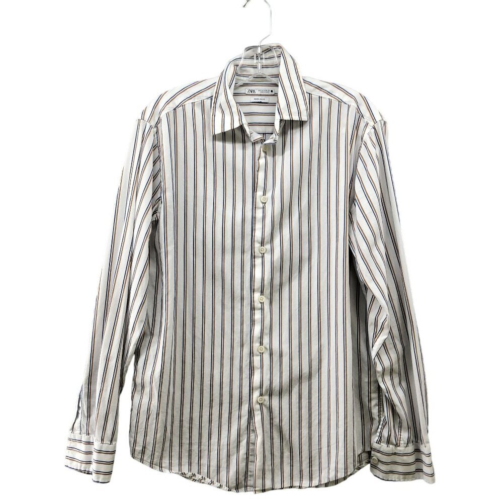 Zara Button Down Shirt Mens S Regular Fit Lightweight White Striped Long Sleeve